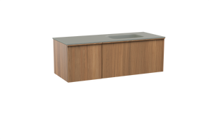 Balmani Forma zwevend badmeubel 135 x 55 cm teakhout met Tablo Arcato asymmetrisch rechtse wastafel in solid surface steengrijs, Verticale symmetrische rechte ribbel