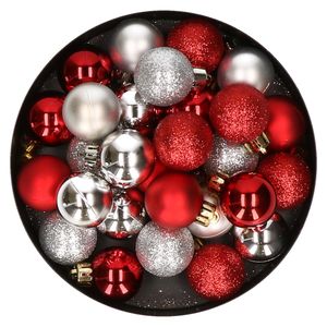 28x stuks kunststof kerstballen rood en zilver mix 3 cm   -