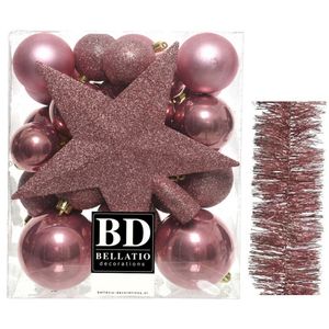 Kerstversiering kerstballen 5-6-8 cm met ster piek en folieslingers pakket oud roze van 35x stuks