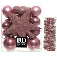 Kerstversiering kerstballen 5-6-8 cm met ster piek en folieslingers pakket oud roze van 35x stuks