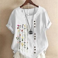 damesoverhemd 100% katoen linnen overhemd blouse bloemen dagelijks vintage casual korte mouw ronde hals wit zomer lente Lightinthebox - thumbnail