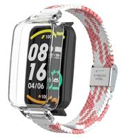 By Qubix - Braided nylon bandje met case - Roze met wit - Xiaomi Smart band 7 Pro