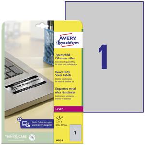 Avery-Zweckform L6013-8 Etiketten voor typeplaatjes 210 x 297 mm Polyester folie Zilver 8 stuk(s) Permanent hechtend Laser (zwart/wit), Kopiëren (zwart/wit),