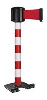 Buitenpaal rood/wit zware basis op wielen - riem 10 m/100 mm rood