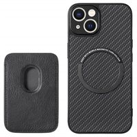 iPhone 15 Plus Magnetic Case with Card Holder - Carbon Fiber - Black - thumbnail