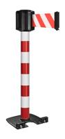 Buitenpaal rood/wit zware basis op wielen - riem 10 m/100 mm rood/wit
