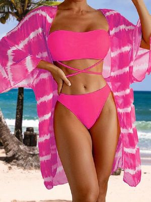 Sexy Tie-Dye Pattern Printing Scoop Neck Bikini three piece suit