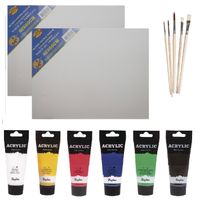 Schilders verf set van 6x tubes acrylverf/hobbyverf 75 ml + 2x doek + 5x kwasten