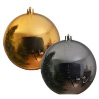 2x stuks grote kerstballen van 20 cm glans van kunststof goud en zilver - thumbnail