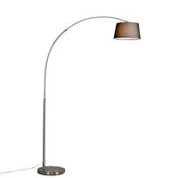 QAZQA - Moderne booglamp Staal | Zilver met zwarte stoffen kap - Arc Basic | Woonkamer - Staal Langwerpig - E27 Geschikt voor LED - Max. 1 x 20 Watt