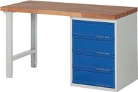 Promat Werkbank | serie BK 650 | B1500xD700xH840mm beukenhout massief | lichtgrijs RAL7035 gentiaanblauw RAL5010 | 4 laden - 9000425524 9000425524