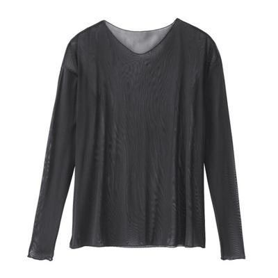 Licht transparent shirt met lange mouwen uit bio-zijde met V-hals, zwart 48