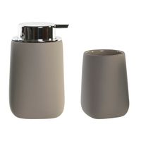 Badkamer accessoires setje drinkbeker en zeeppompje 14 cm taupe - thumbnail