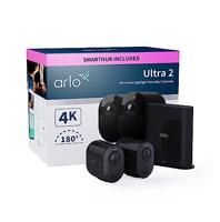 Arlo Ultra 2 draadloze WiFi-beveiligingscamera voor buiten, 4K UHD, 180˚ kleurennachtzicht, sirene, bewegingsdetectie, 2-weg-audio, Smart Hub inbegrepen, incl. proefp. Arlo Secure, 2 cam-kit, zwart
