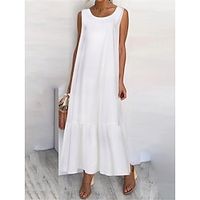 Dames Tank-jurk Laagjesjurk Maxi-jurk Ruche zoom Effen Basic Vakantie Strakke ronde hals Mouwloos Zomer Zwart Wit Lightinthebox