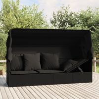 Loungebed met luifel en kussens poly rattan zwart