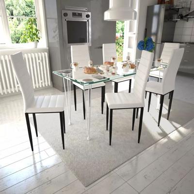 vidaXL Eetkamerset 6 witte slim line stoelen en 1 glazen tafel