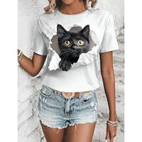 Dames T-shirt 3D cat Kat Afdrukken Dagelijks Weekend Modieus Korte mouw Ronde hals Wit Zomer Lightinthebox