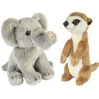 Safari dieren serie pluche knuffels 2x stuks - Olifant en Stokstaartje van 15 cm - thumbnail