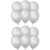 12x stuks Mrs. & Mrs. huwelijks feest ballonnen - zilver/wit - latex - ca 30 cm - thumbnail