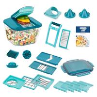 Nicer Dicer Chef Professional groentescheder 23-delig groenteschaaf handmatig met 5,2 l grote opvangbak vershouddeksel, spiraalinzetstukken, tomatensnijder, julienne, slasnijder met receptenboek