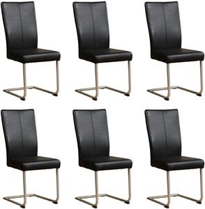 Set van 6 Zwarte leren industriële eetkamerstoelen Dry - poot rond rvs - Toledo Leer Nero (zwart leer)