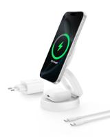 Belkin 2-in-1 Draadloze Draagbare Lader, Verstelbare Magnetische Laadstandaard (15 W), MagSafe-compatible Qi2-lader voor iPhone 16 en AirPods, met verzwaarde antislip voet en 30W-laadadapter - Wit