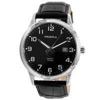 Prisma P.1781 Horloge staal-leder zilverkleurig-zwart 42 mm - thumbnail