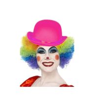 Clown verkleed set gekleurde pruik met bolhoed roze - thumbnail