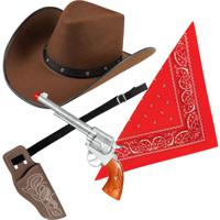 Carnaval verkleeds set cowboyhoed Billy - bruin - rode hals zakdoek - holster met revolver