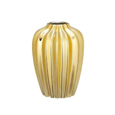 Gouden Ronde Bloemenvazen Geribbeld Keramiek 18 X 13,5 Cm - Goud - Vazen/vaas - Boeketvazen