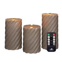 Luxe LED kaarsen/stompkaarsen set - 3x st - taupe grijs - swirl - met afstandsbediening