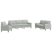 vidaXL 3-delige Loungeset met kussens en bolsters fluweel lichtgrijs, bankstel, bank, zitbank, bankenset, loveseat, fauteuil, relaxfauteuil, leunstoel