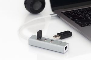 Digitus DA-70253 USB 2.0-hub 3 + 1 poorten Met USB-C stekker, Met aluminium behuizing, Met ingebouwde converter, Met metalen behuizing Aluminium