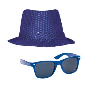 Carnaval verkleed set compleet - hoedje en zonnebril - blauw - heren/dames - glimmend