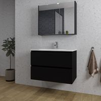 Adema Chaci Badkamermeubelset - 80x46x57cm - 1 ovale keramische wasbak wit - 1 kraangat - 2 lades - Spiegelkast - mat zwart SW718705/SW718717/SW812067/SW812071