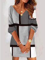 Plaid Casual Loose V Neck Long Sleeve Midi Dress