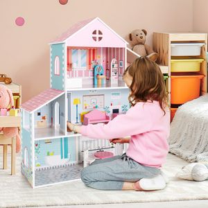 Poppenhuis van Hout Speelset met Meubels en Accessoires Poppenvilla Poppenhuis voor kinderen vanaf 2 Jaar 71 x 23,5 x 87 cm