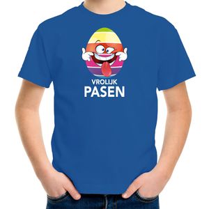 Paasei die tong uitsteekt vrolijk Pasen t-shirt blauw voor kinderen - Paas kleding / outfit