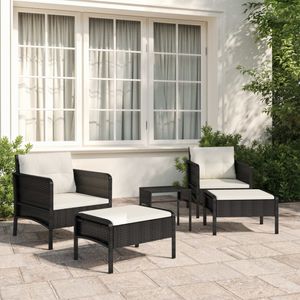 5-delige Loungeset met kussens poly rattan zwart