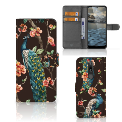 Nokia 2.4 Telefoonhoesje met Pasjes Pauw met Bloemen Nokia 2.4 Telefoonhoesje met Pasjes Pauw met Bloemen