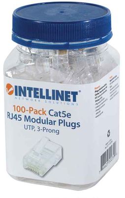 Intellinet 502399 Intellinet verpakking van 100 stuks Cat5e modulaire RJ45-stekkers UTP 3-voudige klem voor massieve draad 100 stekkers per pot 502399