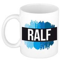 Naam cadeau mok / beker Ralf met blauwe verfstrepen 300 ml - thumbnail