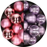 Kunststof kerstballen 6 cm - 24x stuks - roze en lila paars - thumbnail