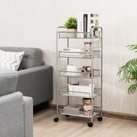 Oprolbare 5 Laags Metaalgaas Trolley met 5 Haken Multifunctionele Gebruik Kar Keuken Opbergkar op Wielen 43,5 x 26 x 104cm Grijs - thumbnail