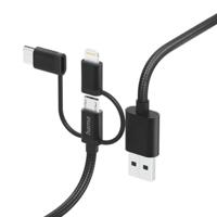 Hama Adapter 3-in-1 micro USB, USB C/Lightning (nylon, 3A, 480 Mbit/s, breukbescherming, kabel 1,5 m) zwart