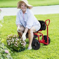 Tuinwagen met Rolzitting en Uittrekbare Handgreep Mobiele Tuinstoel met Opbergruimte Mand en Gereedschapstas en Zitkussen Rood