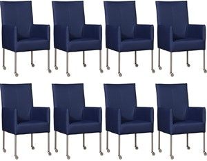 Set van 8 Blauwe leren moderne eetkamerstoelen Spark - poot rond rvs met wiel - Toledo Leer Kobalt (blauw leer)