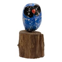 Houten Beeldje Uil op Stronk Blauw (17 x 10 cm) - thumbnail