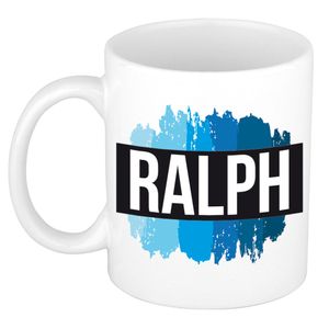 Naam cadeau mok / beker Ralph met blauwe verfstrepen 300 ml